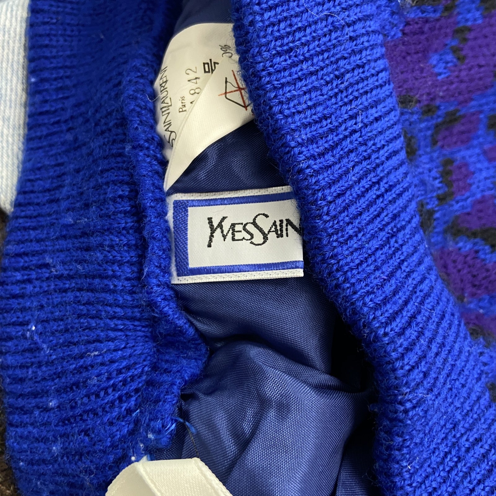 YVES SAINT LAURENT　レオパード柄スカート　ニトスカーット　総柄　青　ブルー　9号サイズ　古着