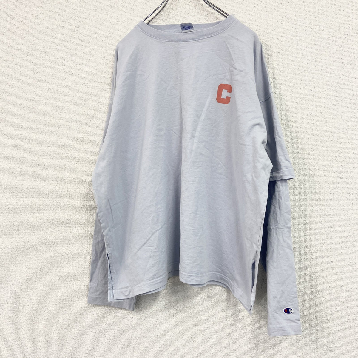 Champion　チャンピオン　長袖プリントTシャツ/ロンT　デカロゴ　刺繍ロゴ　水色　ライトブルー　FREEサイズ　古着