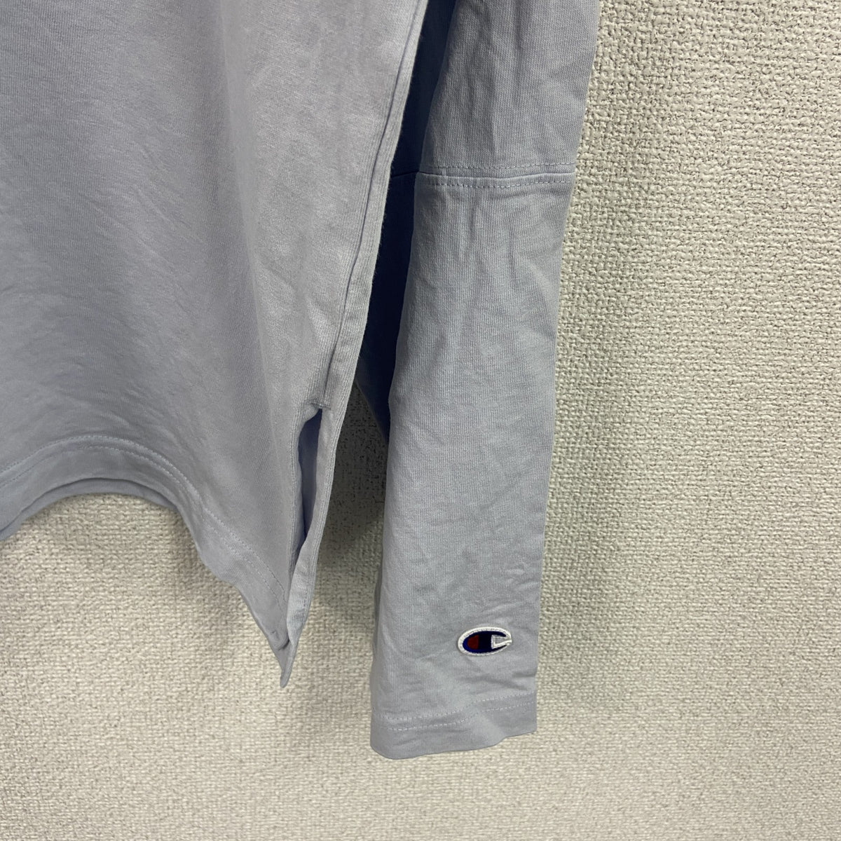 Champion　チャンピオン　長袖プリントTシャツ/ロンT　デカロゴ　刺繍ロゴ　水色　ライトブルー　FREEサイズ　古着