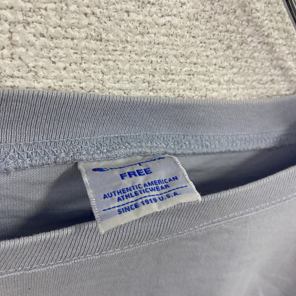 Champion　チャンピオン　長袖プリントTシャツ/ロンT　デカロゴ　刺繍ロゴ　水色　ライトブルー　FREEサイズ　古着