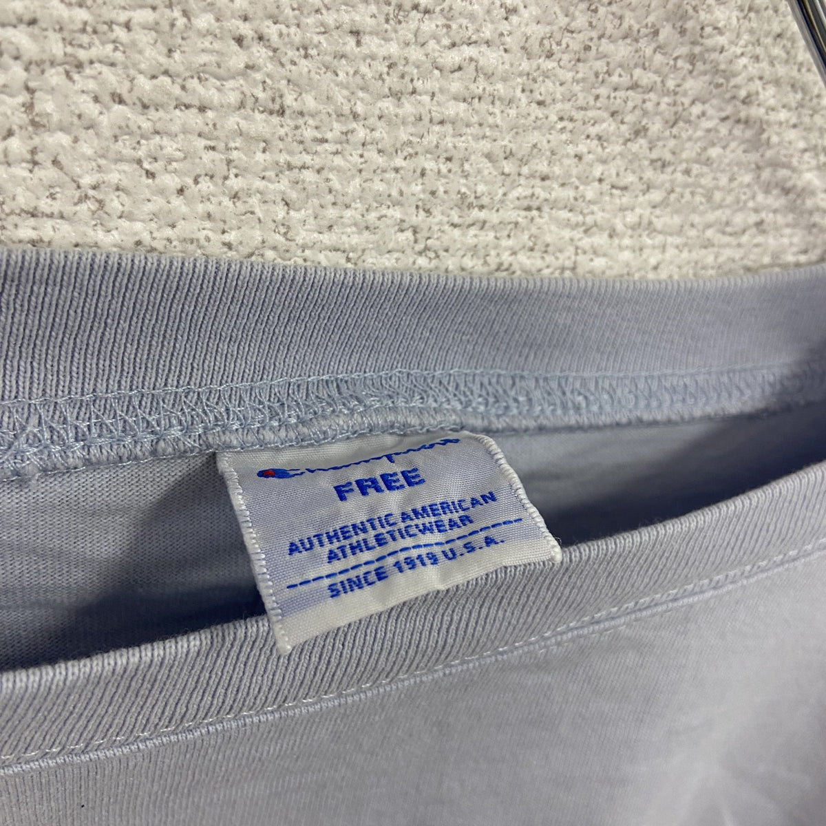 Champion　チャンピオン　長袖プリントTシャツ/ロンT　デカロゴ　刺繍ロゴ　水色　ライトブルー　FREEサイズ　古着