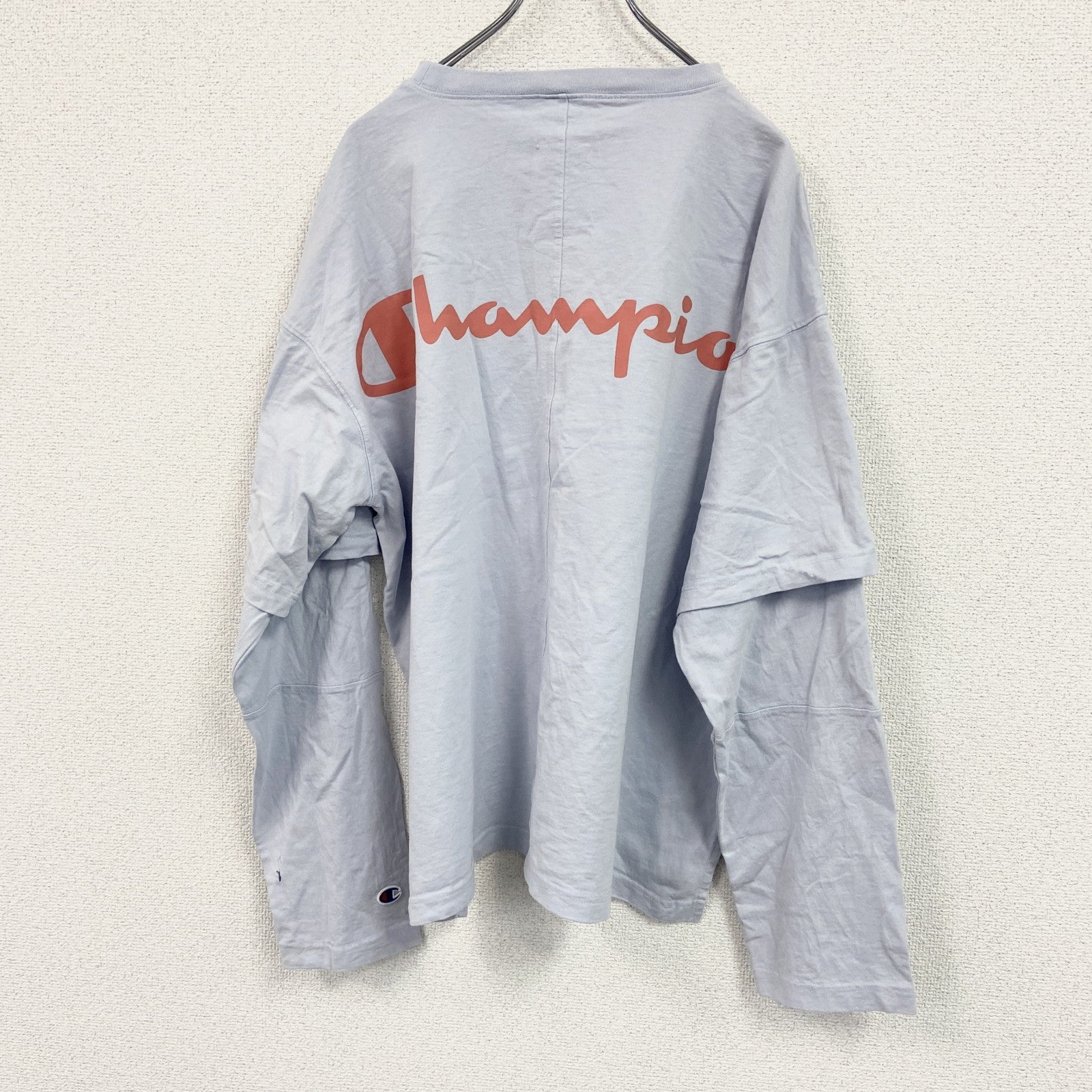 Champion　チャンピオン　長袖プリントTシャツ/ロンT　デカロゴ　刺繍ロゴ　水色　ライトブルー　FREEサイズ　古着