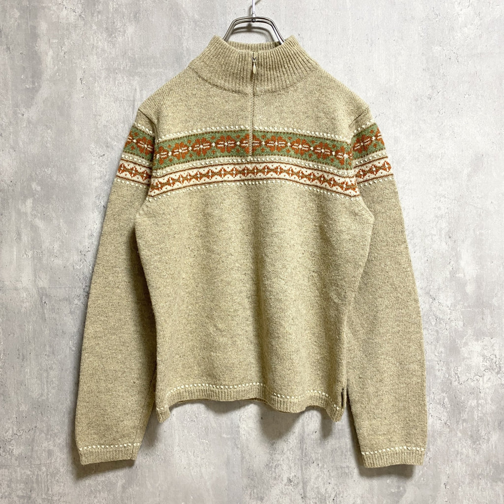 WOOLRICH　ウールリッチ　長袖フェアアイル柄ハーフジップニット　セーター　ベージュ　レトロ　Mサイズ　古着