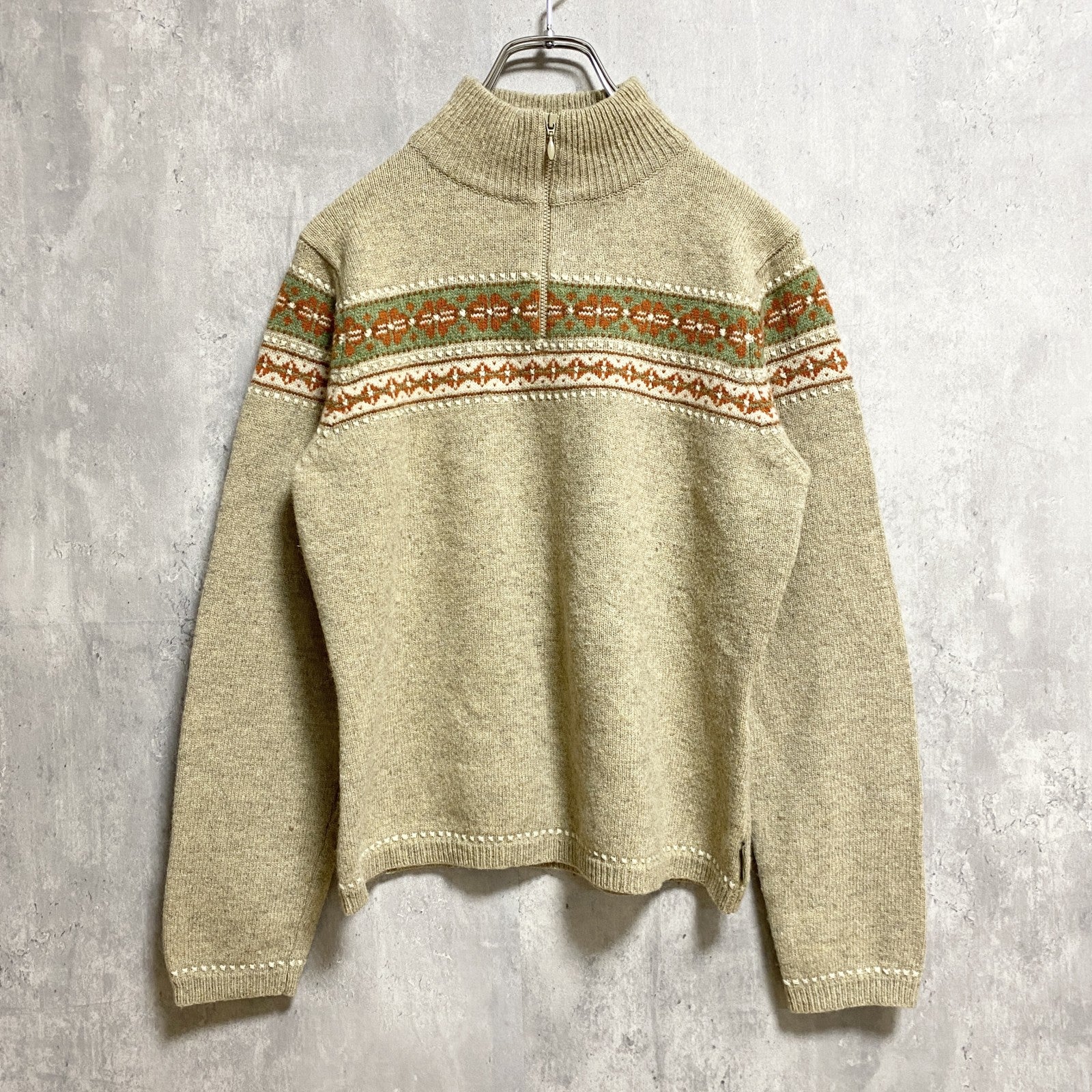WOOLRICH　ウールリッチ　長袖フェアアイル柄ハーフジップニット　セーター　ベージュ　レトロ　Mサイズ　古着