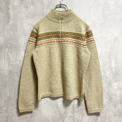 古着　used　WOOLRICH　ウールリッチ　長袖フェアアイル柄ハーフジップニット　セーター　ベージュ　レトロ　Mサイズ