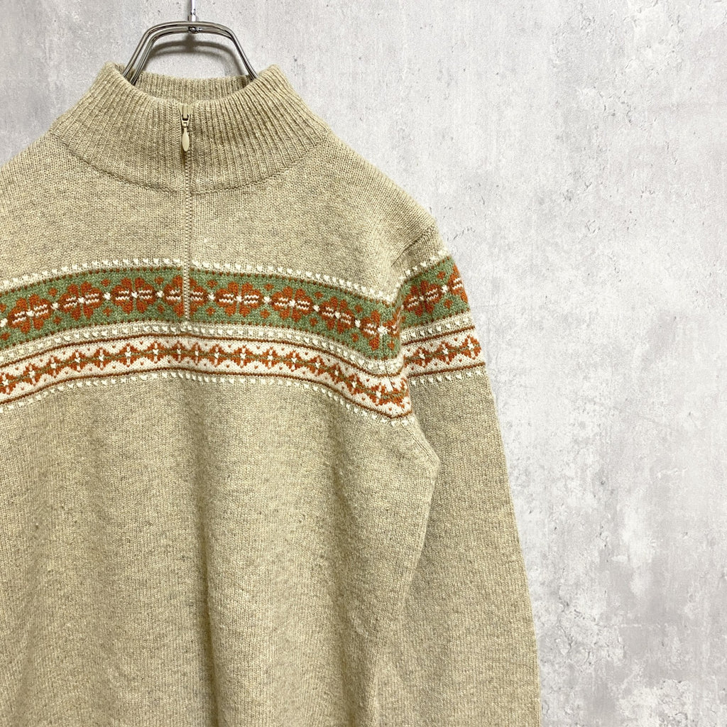 WOOLRICH　ウールリッチ　長袖フェアアイル柄ハーフジップニット　セーター　ベージュ　レトロ　Mサイズ　古着