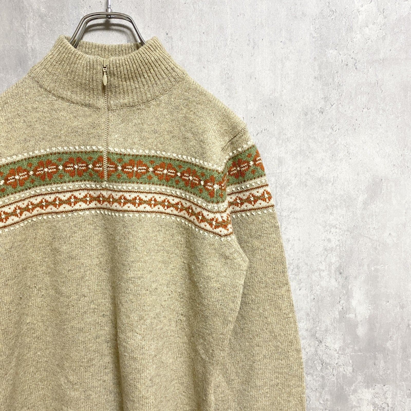 WOOLRICH　ウールリッチ　長袖フェアアイル柄ハーフジップニット　セーター　ベージュ　レトロ　Mサイズ　古着