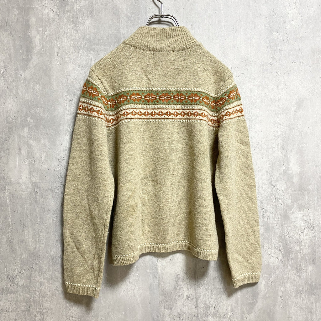 WOOLRICH　ウールリッチ　長袖フェアアイル柄ハーフジップニット　セーター　ベージュ　レトロ　Mサイズ　古着
