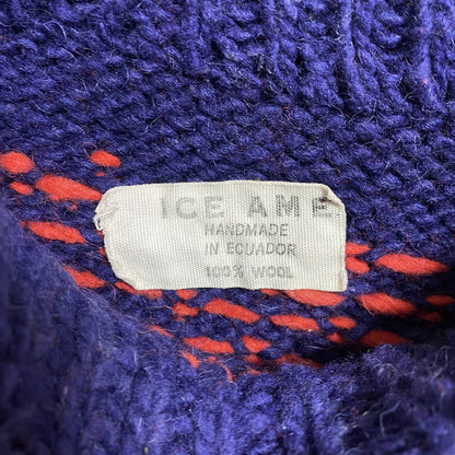 古着　used　ICEAME　長袖クルーネックデザインニット　セーター　ネイビー　赤　レッド　レトロ　秋冬服　Mサイズ