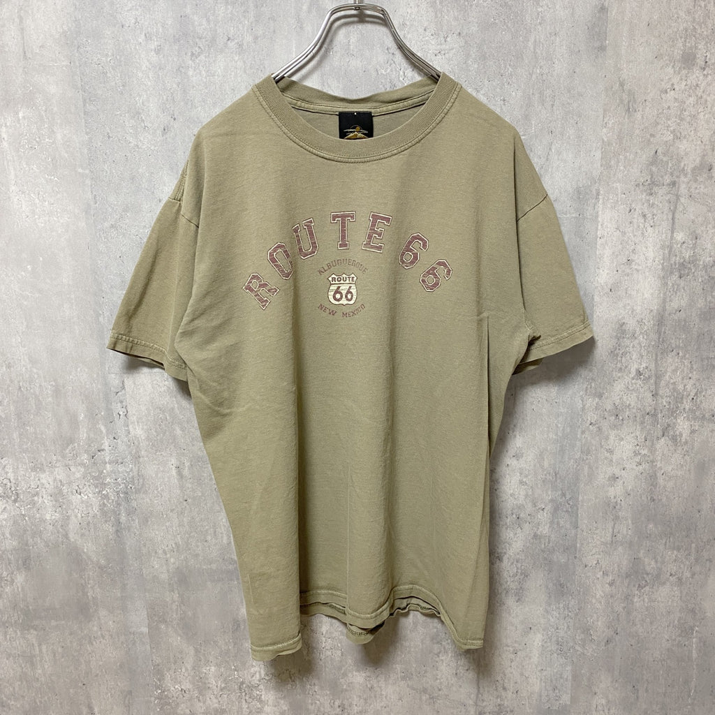 PRAIRIE　MOUNTAIN 半袖クルーネックプリントシャツ　ROUTE66　レトロ　ベージュ　Lサイズ　古着