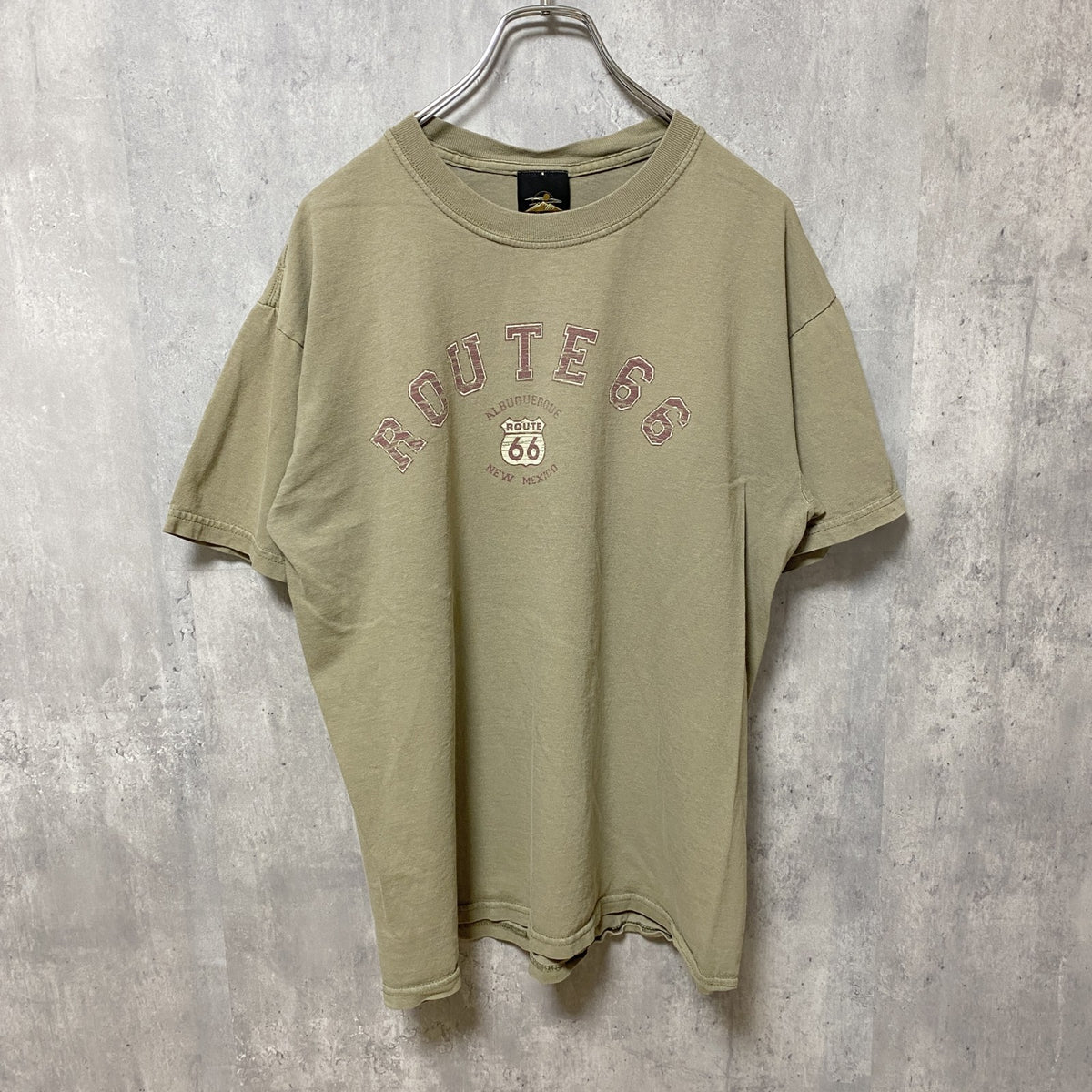 PRAIRIE　MOUNTAIN 半袖クルーネックプリントシャツ　ROUTE66　レトロ　ベージュ　Lサイズ　古着
