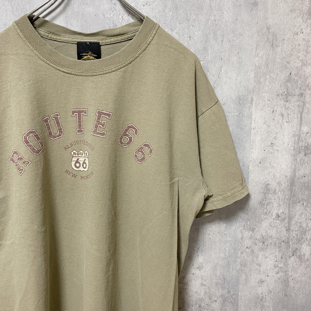 PRAIRIE　MOUNTAIN 半袖クルーネックプリントシャツ　ROUTE66　レトロ　ベージュ　Lサイズ　古着