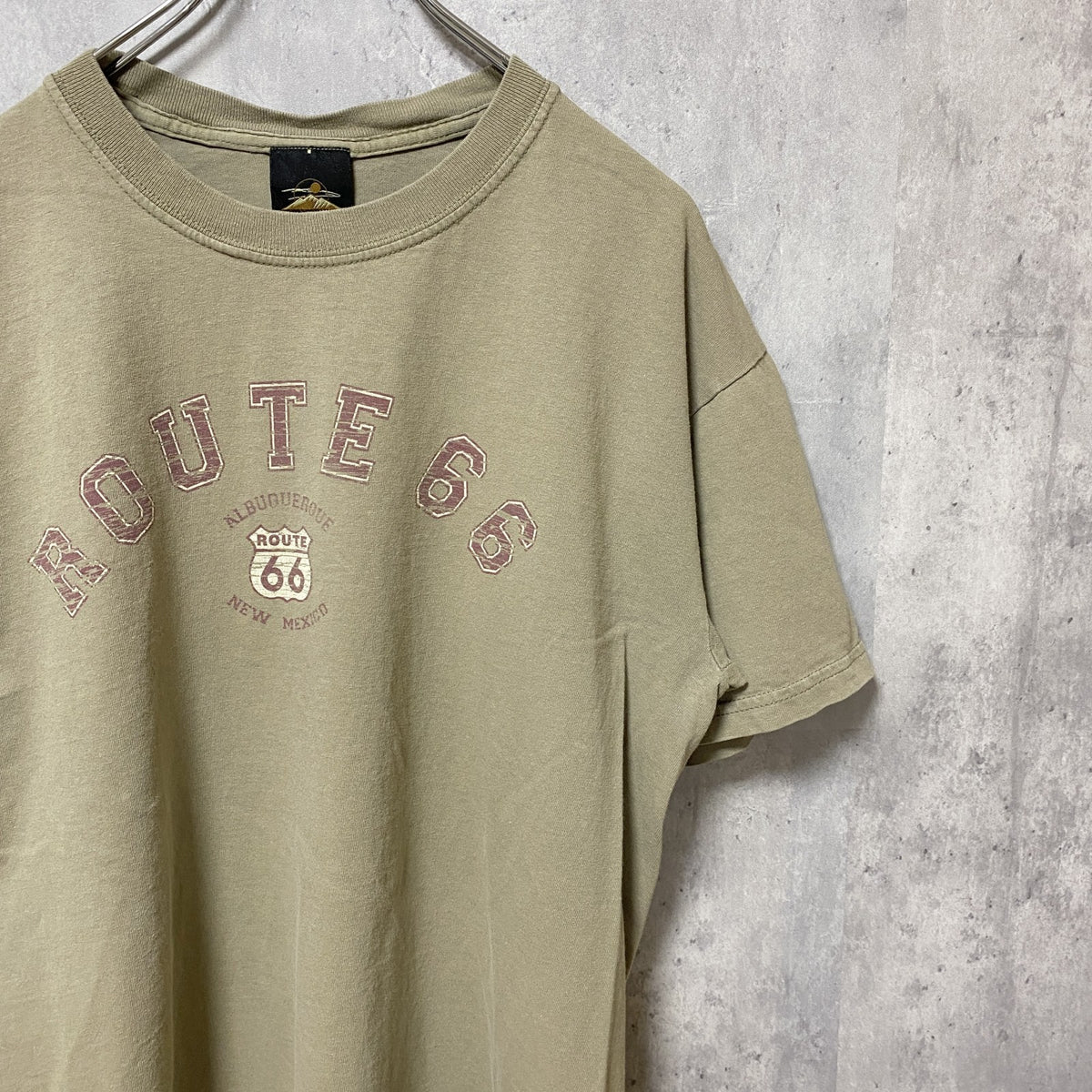 PRAIRIE　MOUNTAIN 半袖クルーネックプリントシャツ　ROUTE66　レトロ　ベージュ　Lサイズ　古着