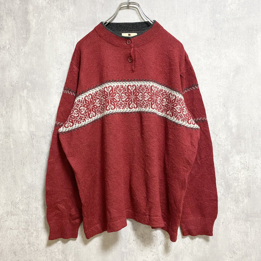 古着　used　WOOLRICH　ウールリッチ　長袖ハーフボタンノルディック柄ニット　セーター　赤　レッド　XXLサイズ