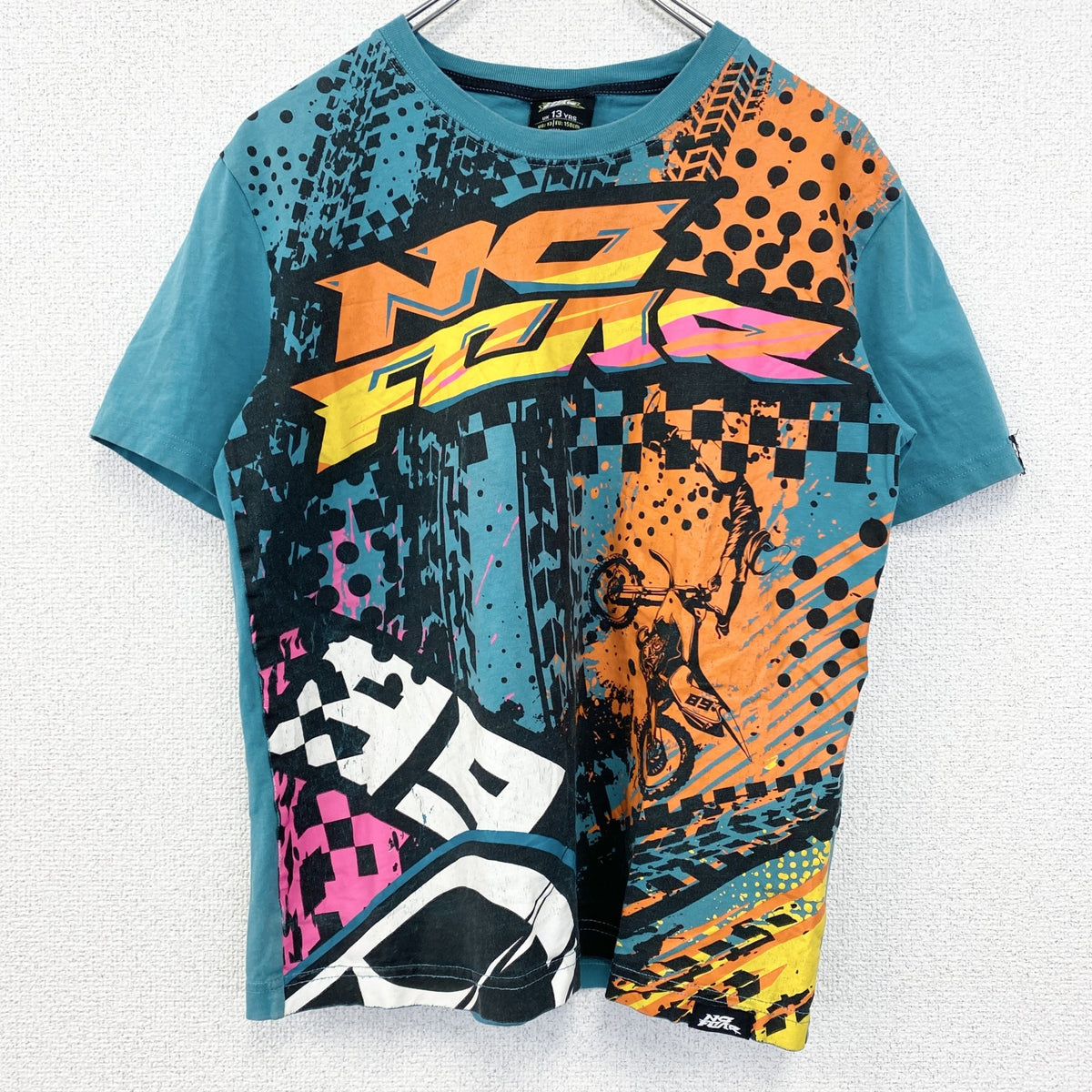 NO FEAR　ノーフィア　半袖プリントTシャツ　クルーネック　レトロデザイン　バイク　水色　ブルー　　古着