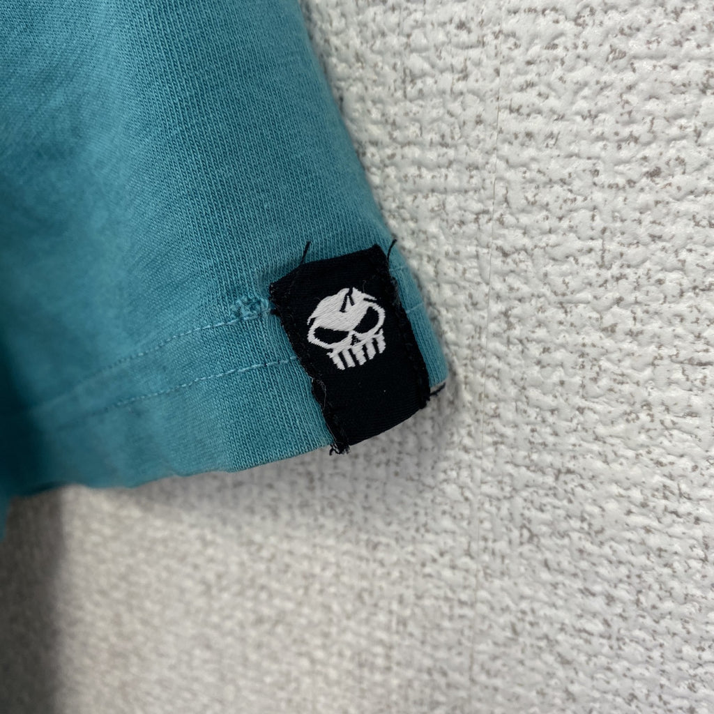 NO FEAR　ノーフィア　半袖プリントTシャツ　クルーネック　レトロデザイン　バイク　水色　ブルー　　古着