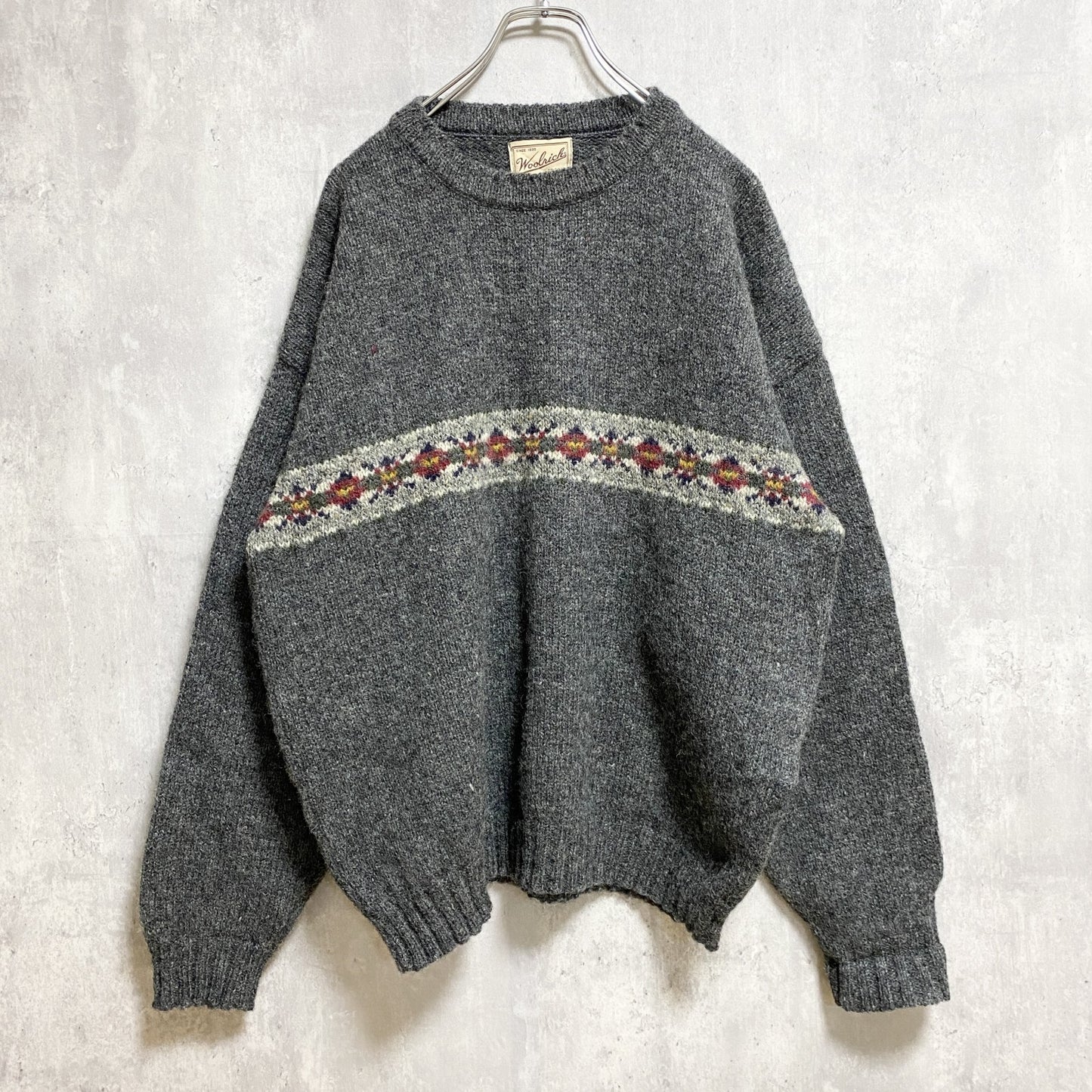 古着　used　WOOLRICH　ウールリッチ　長袖ノルディック柄ニット　セーター　USA製　ダークグレー　ヴィンテージ　Mサイズ