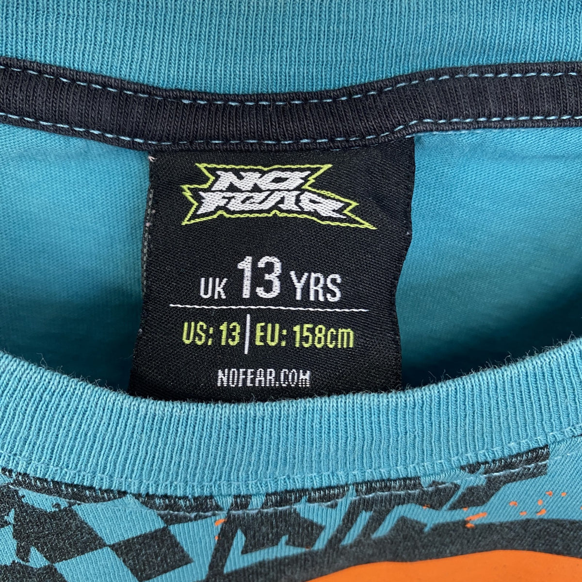 NO FEAR　ノーフィア　半袖プリントTシャツ　クルーネック　レトロデザイン　バイク　水色　ブルー　　古着