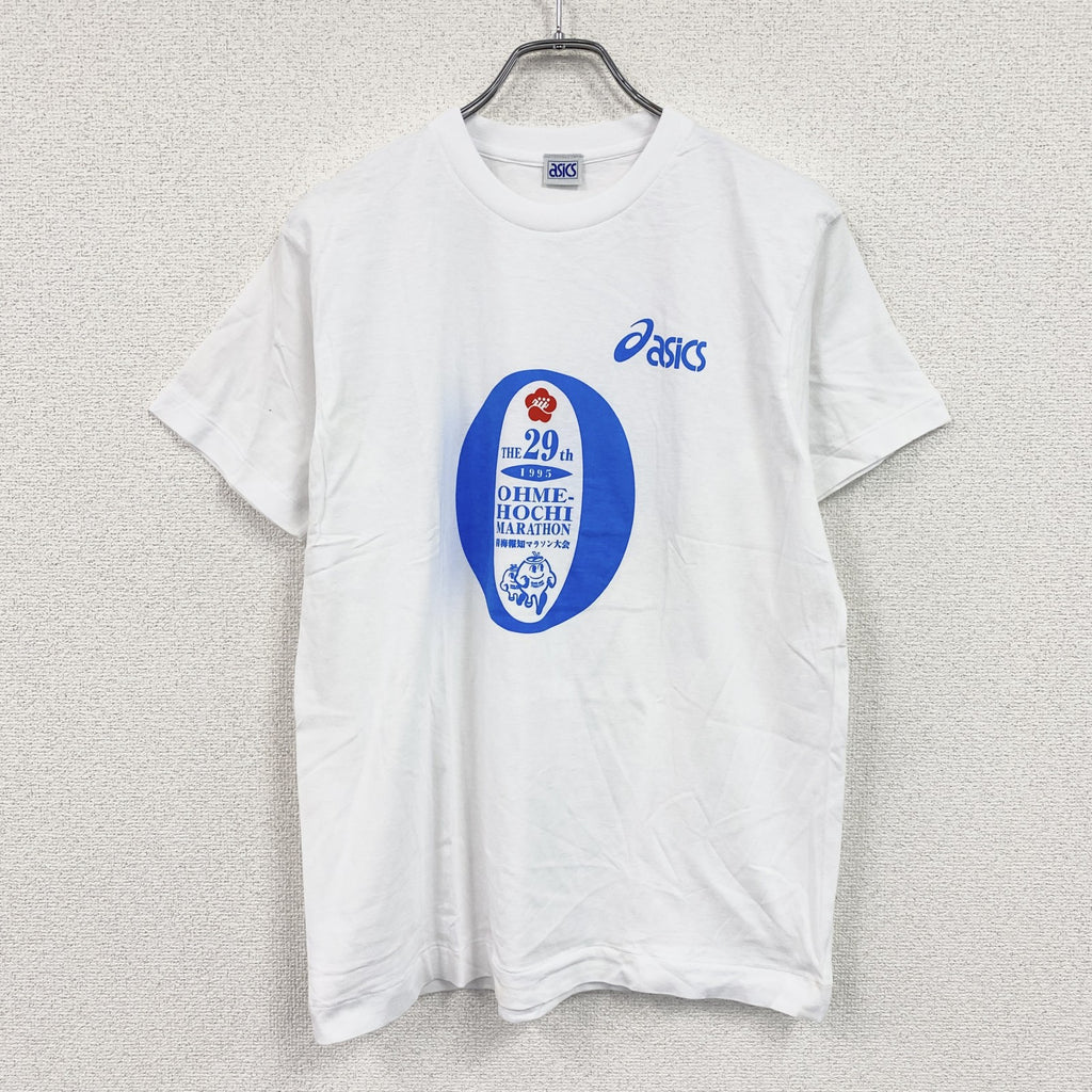 90s　asics　アシックス　青梅マラソン　半袖プリントTシャツ　シングルステッチ　ヴィンテージ　白　ホワイト　フリーサイズ　古着