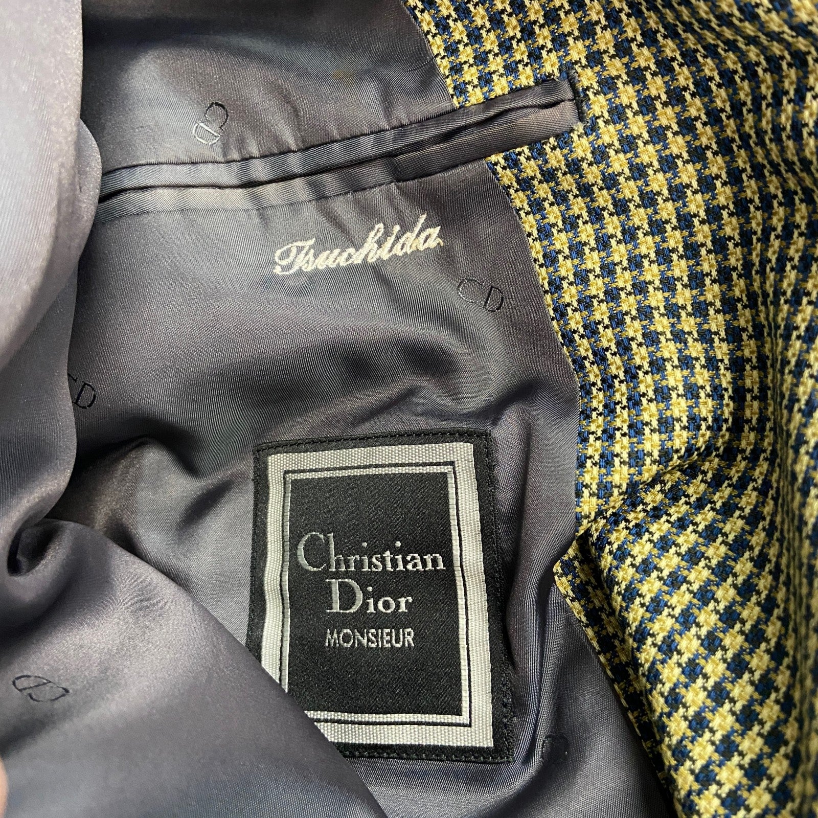 Christian Dior　クリスチャンディオール　テーラードジャケット　千鳥格子　ノッチドラペル　黄色　イエロー　古着