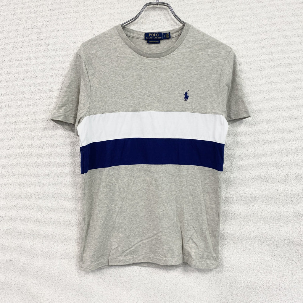 POLO RALPH LAUREN　ラルフローレン　半袖Tシャツ　刺繍ロゴ　シングルステッチ　ボーダー柄　灰色　グレー　Sサイズ　古着
