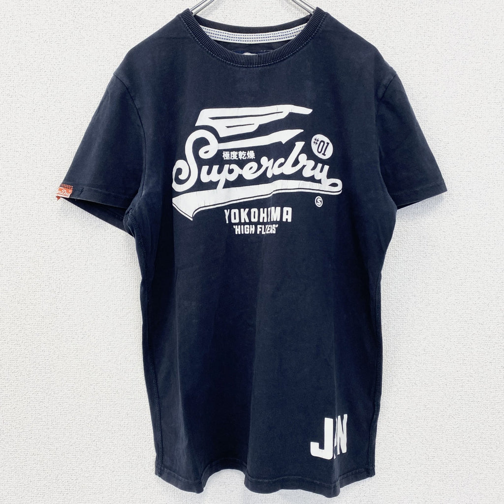SUPERDRY　スパードライ　半袖プリントTシャツ　クルーネック　レトロデザイン　紺　ネイビー　ブルー　古着