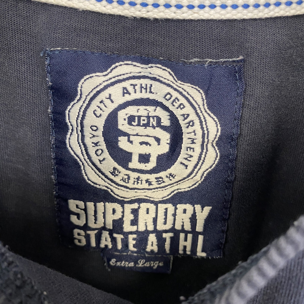 SUPERDRY　スパードライ　半袖プリントTシャツ　クルーネック　レトロデザイン　紺　ネイビー　ブルー　古着