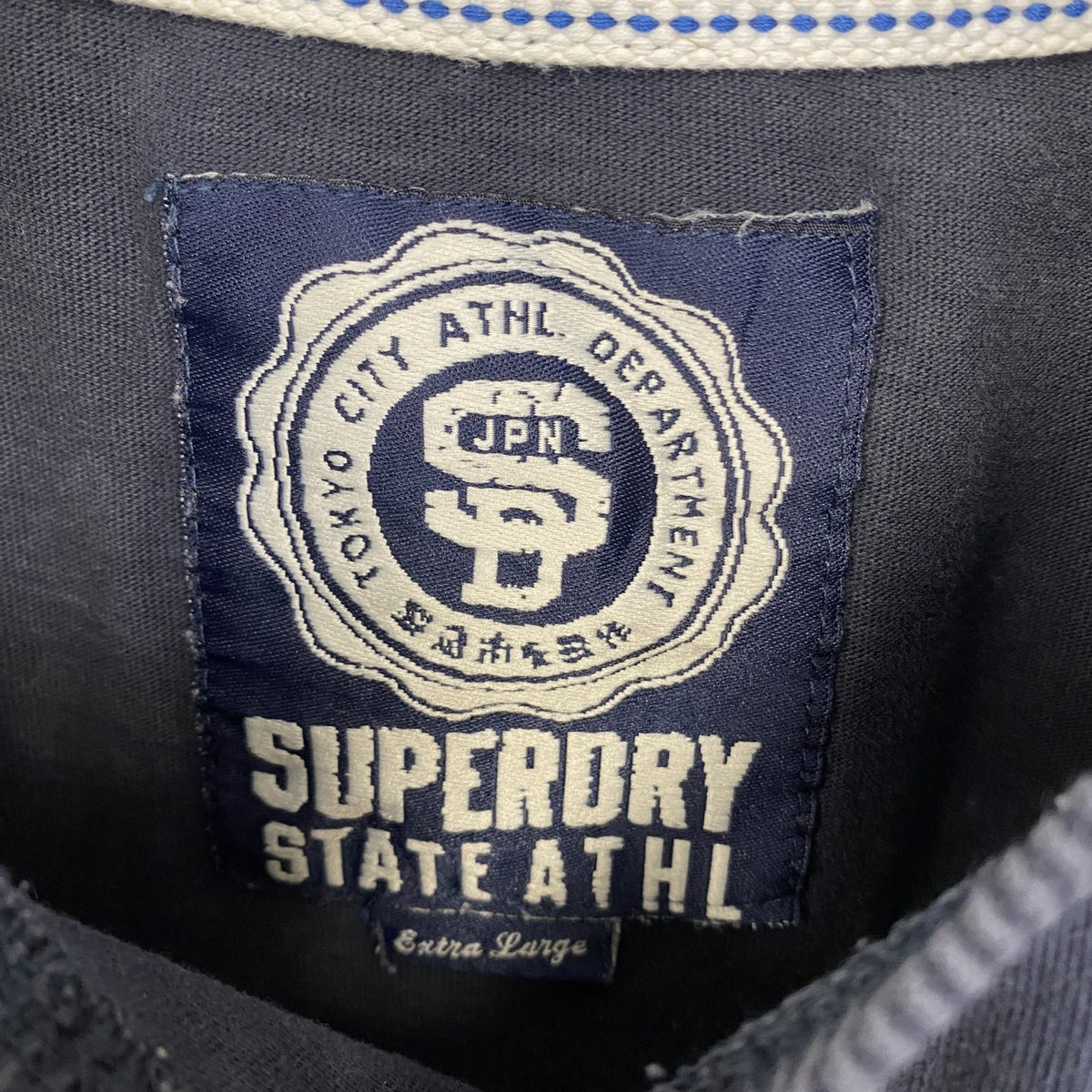 SUPERDRY　スパードライ　半袖プリントTシャツ　クルーネック　レトロデザイン　紺　ネイビー　ブルー　古着