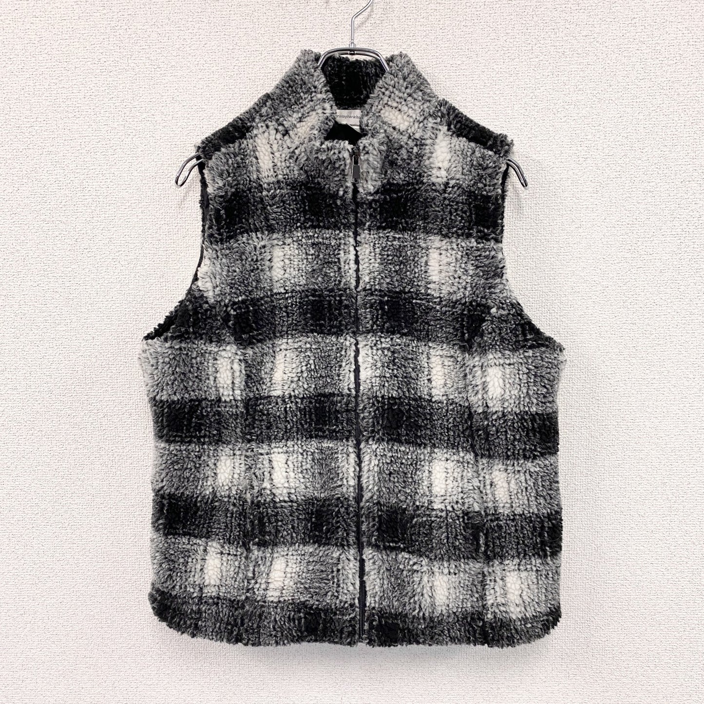 christopher&banks　フリースベスト/ボアベスト　チェック柄　黒　ブラック　白　ホワイト　Mサイズ