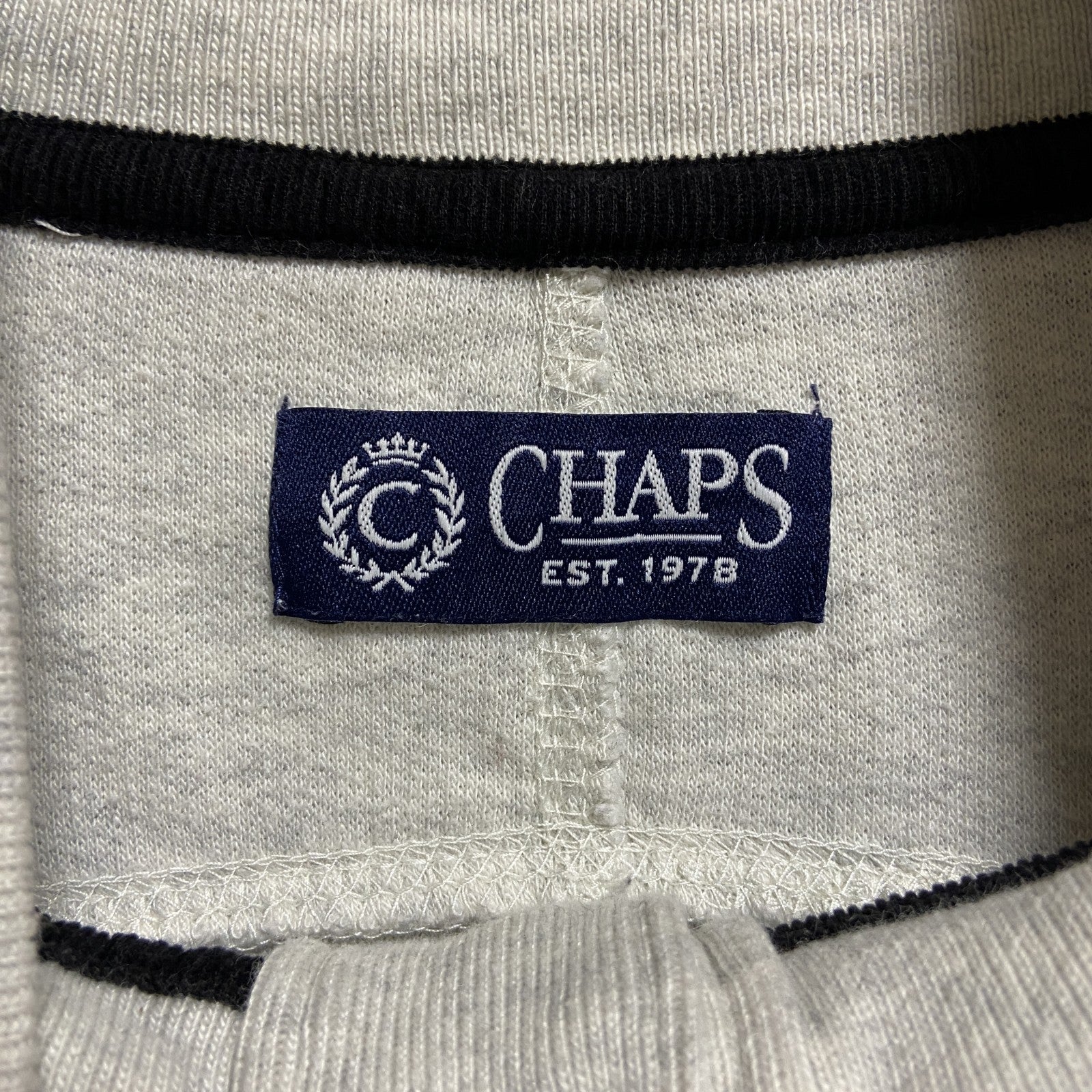 CHAPS　チャップス　長袖ハーフボタン表起毛スウェット　トレーナー　ボーダー　ハイネック　白　ホワイト　Lサイズ　古着
