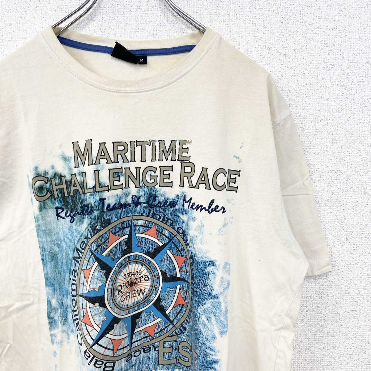 DANILO　半袖ビッグプリントTシャツ　コンパス　方位磁石　クルーネック　レトロ　カジュアル　白　ホワイト　Mサイズ　古着