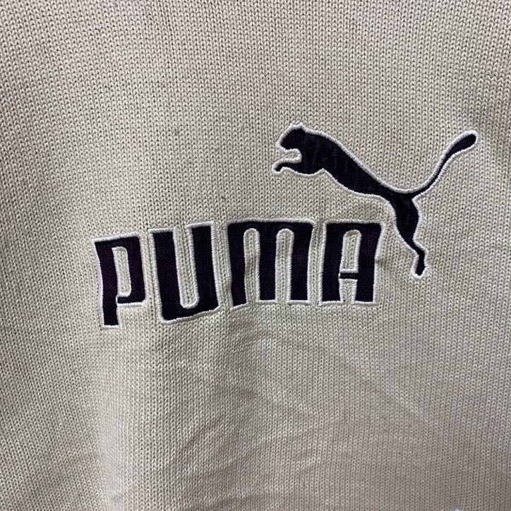 古着 used　puma プーマ　長袖ニット　セーター　ロゴ刺繍　白　濃紺　クルーネック　秋冬服　ラグラン　Mサイズ