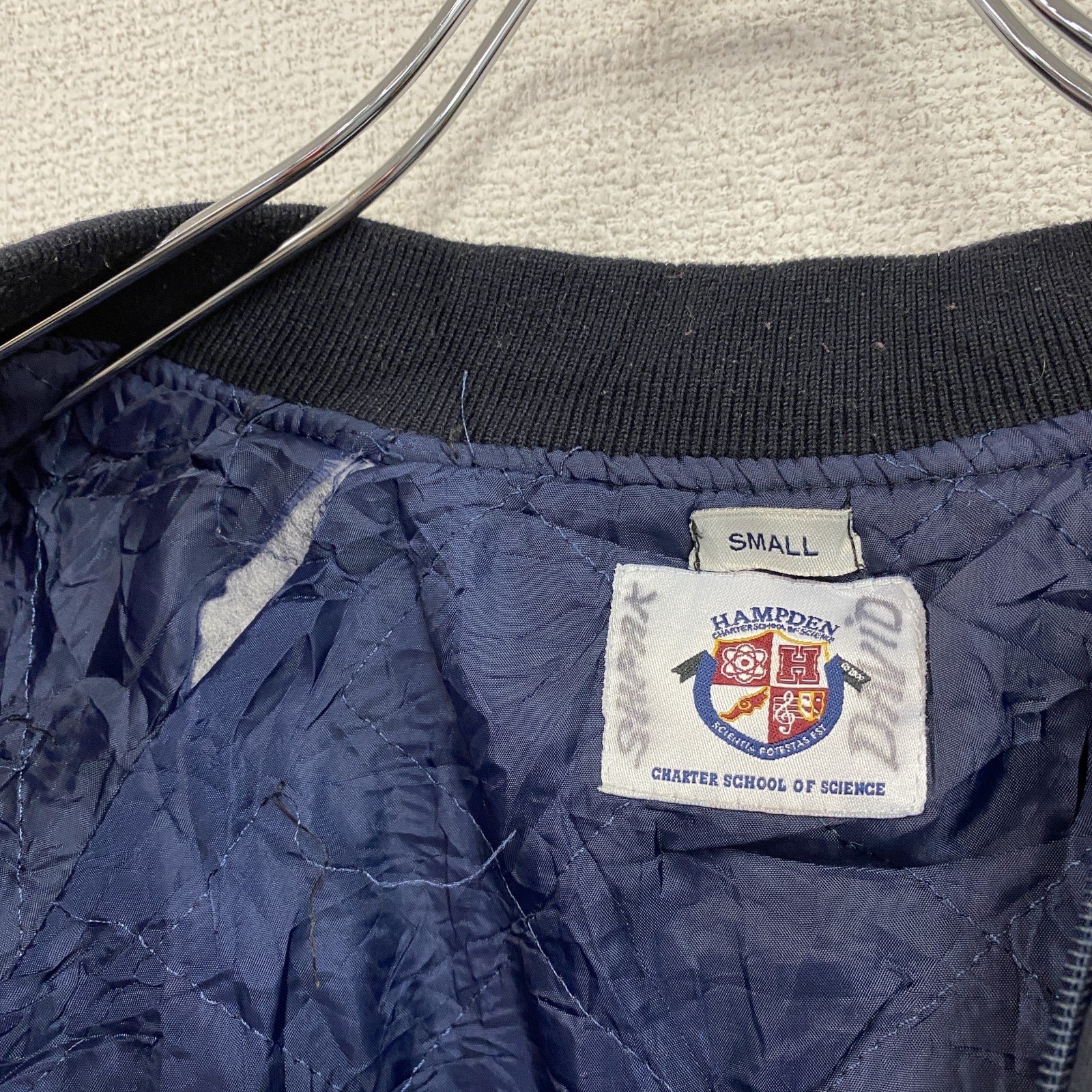 HAMPDEN　スウェットスタジャン　ラグランスリーブ　刺繍ロゴ　ワッペン　リブライン　紺　ネイビー　Sサイズ トレーナー スウェットトップス スタジアムジャンパー 古着