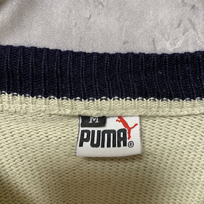 古着 used　puma プーマ　長袖ニット　セーター　ロゴ刺繍　白　濃紺　クルーネック　秋冬服　ラグラン　Mサイズ