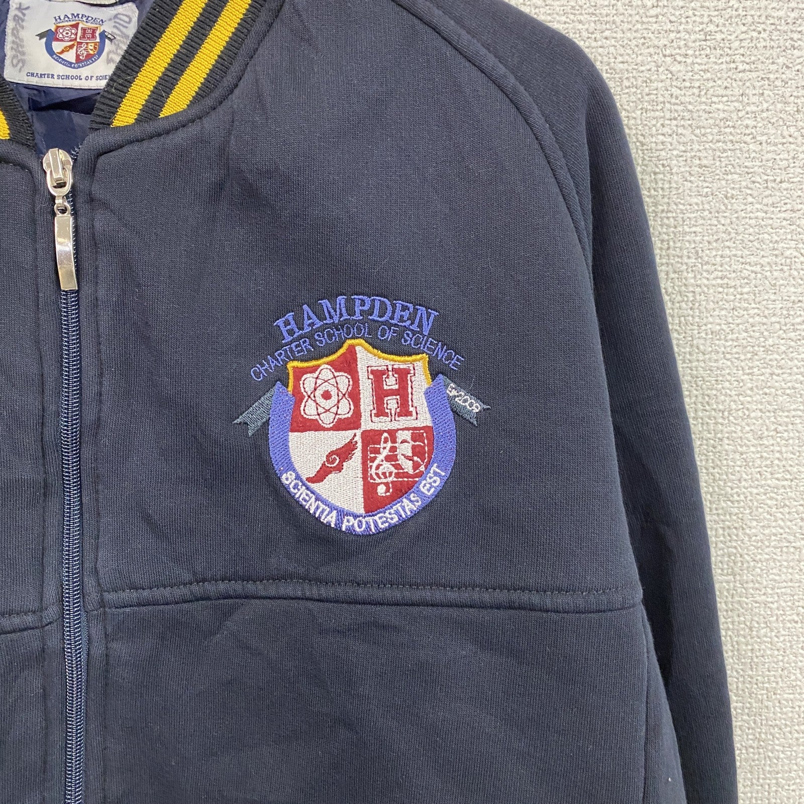 HAMPDEN　スウェットスタジャン　ラグランスリーブ　刺繍ロゴ　ワッペン　リブライン　紺　ネイビー　Sサイズ トレーナー スウェットトップス スタジアムジャンパー 古着