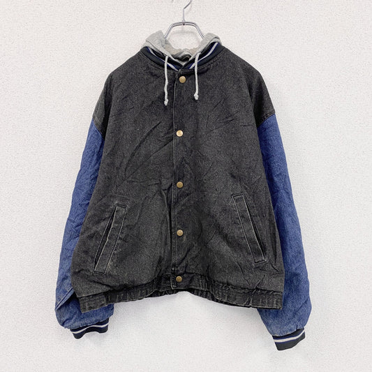～00s　YUKON TRAVEL　フード付きデニムスタジャン/スタジアムジャケット　ヴィンテージ　黒　ブラック　Lサイズ