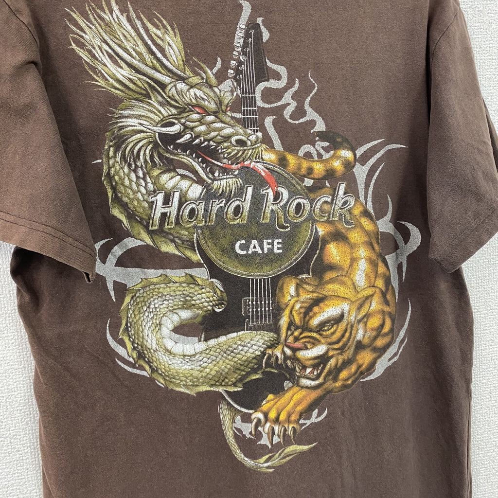 Hard Rock Cafe　ハードロックカフェ　半袖プリントアドバタイジングTシャツ　虎柄　龍柄　両面プリント　茶色　ブラウン　古着
