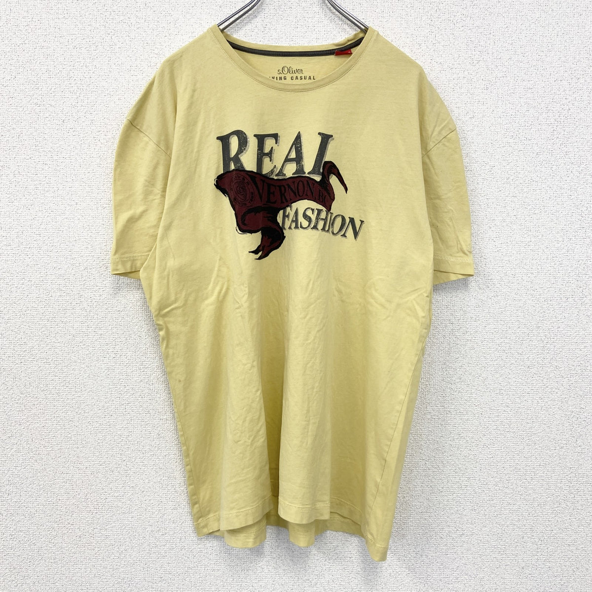 LIVING CASUAL　半袖プリントTシャツ　REAL FASHION　クルーネック　黄色　イエロー　XXLサイズ　古着