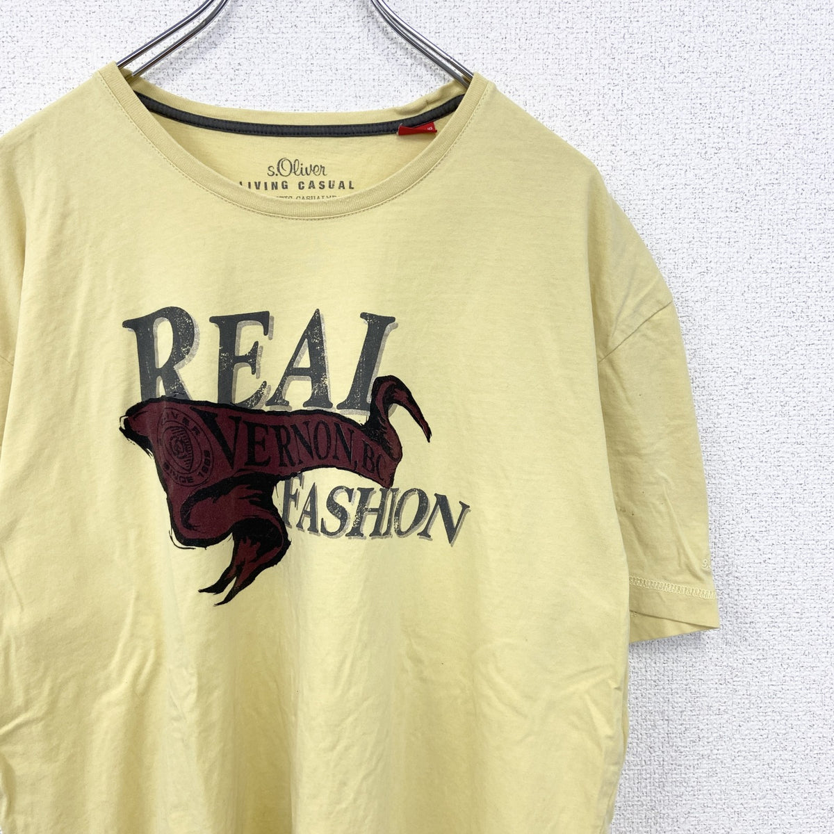 LIVING CASUAL　半袖プリントTシャツ　REAL FASHION　クルーネック　黄色　イエロー　XXLサイズ　古着