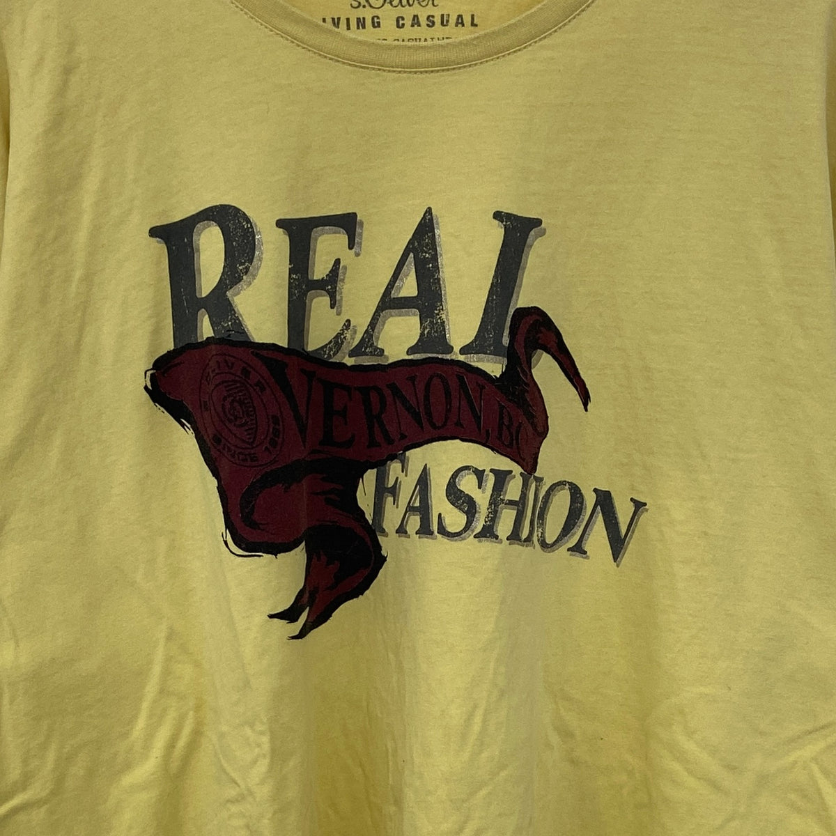 LIVING CASUAL　半袖プリントTシャツ　REAL FASHION　クルーネック　黄色　イエロー　XXLサイズ　古着