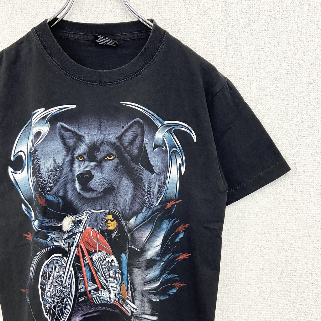OTHER TEE　半袖プリントTシャツ　オオカミ　バイク　春夏服　ヴィンテージ風　クルーネック　黒　ブラック　Sサイズ　古着