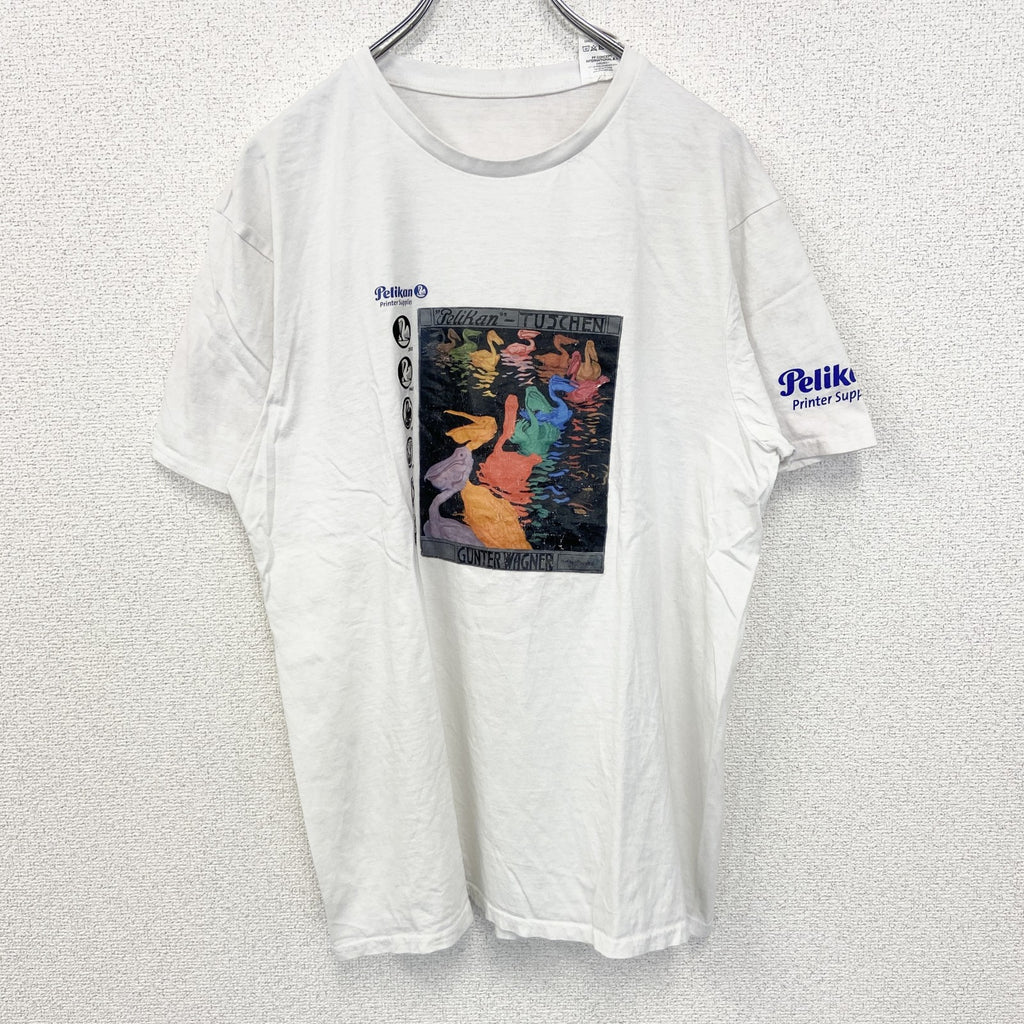 ELEVATE　半袖プリントTシャツ　ペリカン　カジュアルデザイン　春夏服　クルーネック　レトロ　白　ホワイト　Lサイズ　古着