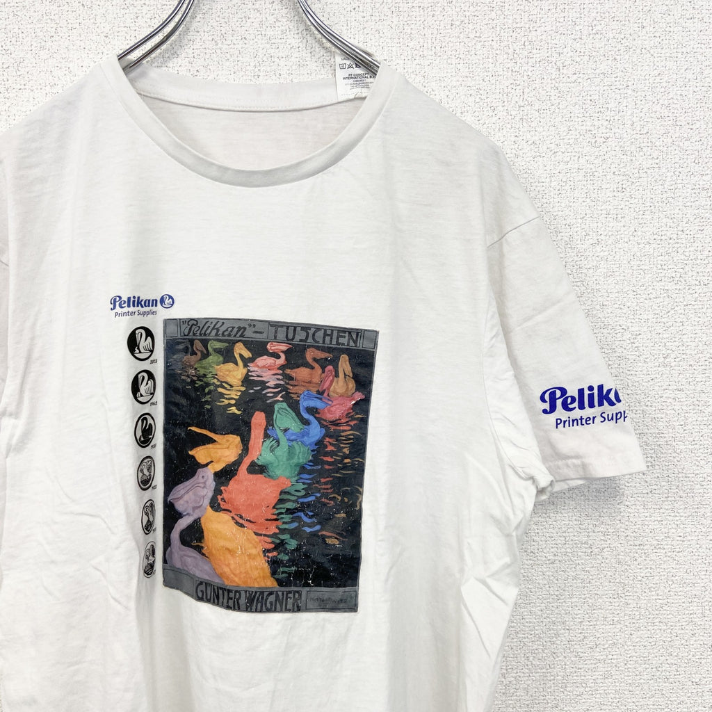 ELEVATE　半袖プリントTシャツ　ペリカン　カジュアルデザイン　春夏服　クルーネック　レトロ　白　ホワイト　Lサイズ　古着