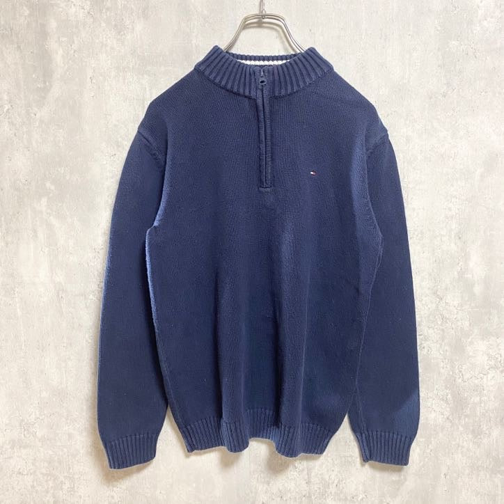 TOMMY HILFIGER トミーヒルフィガー　長袖ハーフジップニット　セーター　ロゴ刺繍　ネイビー　紺　Sサイズ　古着