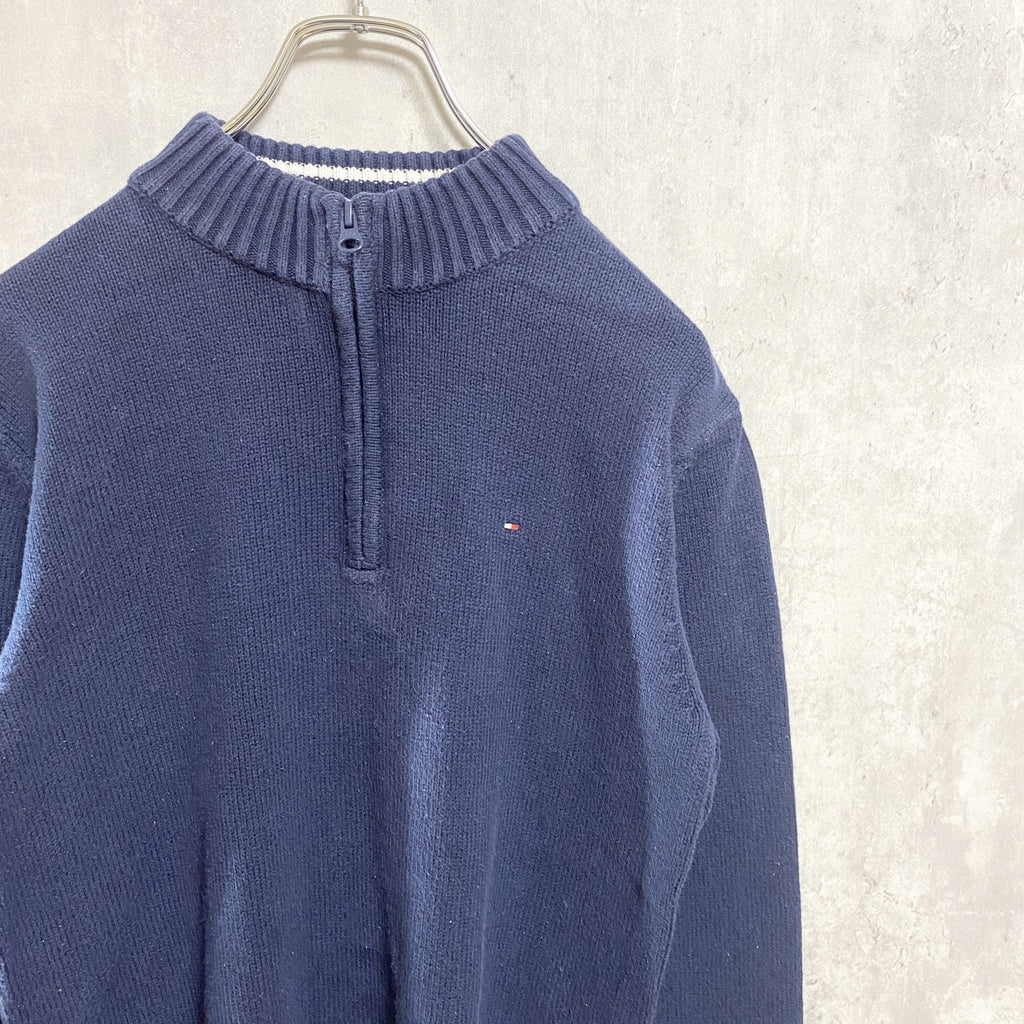 TOMMY HILFIGER トミーヒルフィガー　長袖ハーフジップニット　セーター　ロゴ刺繍　ネイビー　紺　Sサイズ　古着