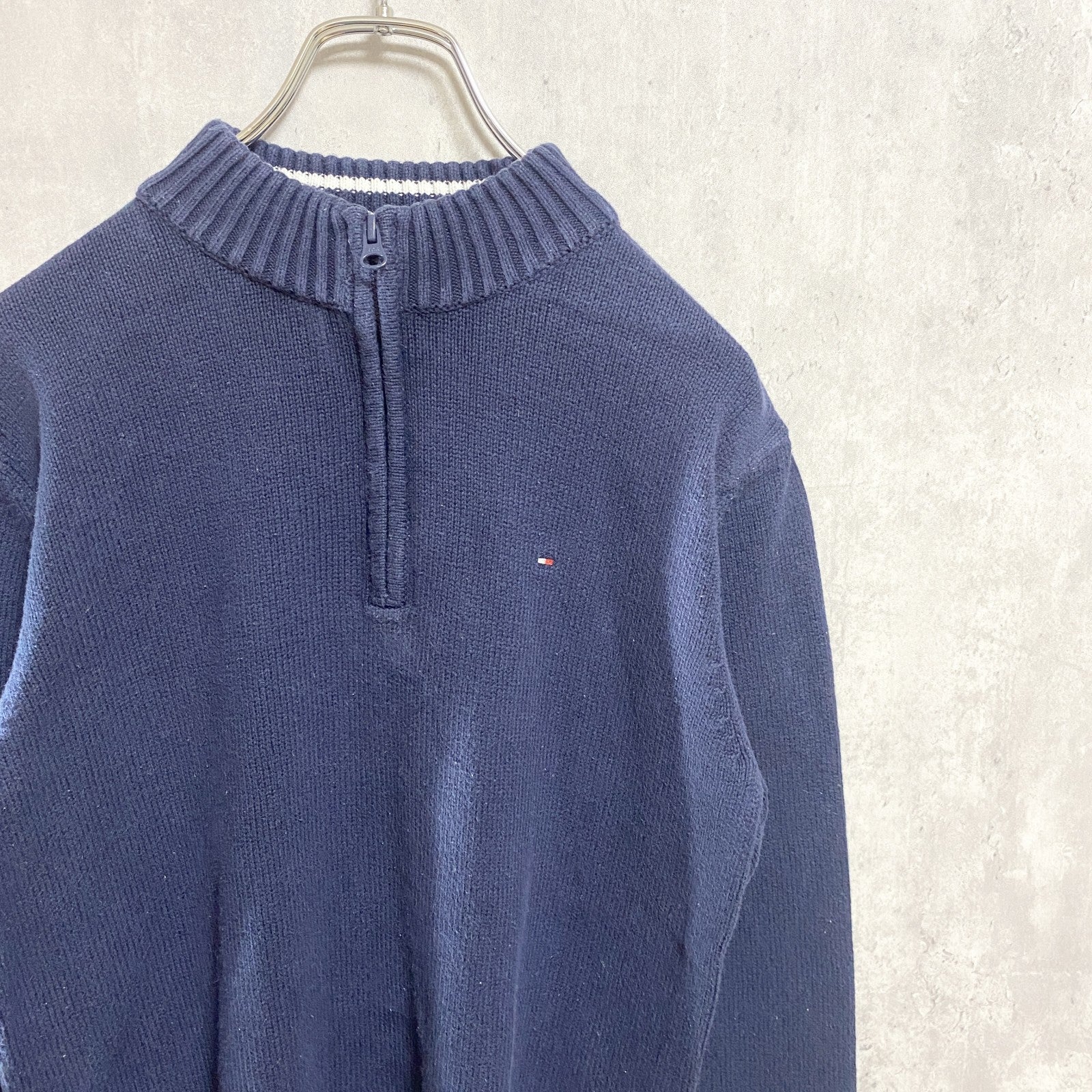 TOMMY HILFIGER トミーヒルフィガー　長袖ハーフジップニット　セーター　ロゴ刺繍　ネイビー　紺　Sサイズ　古着