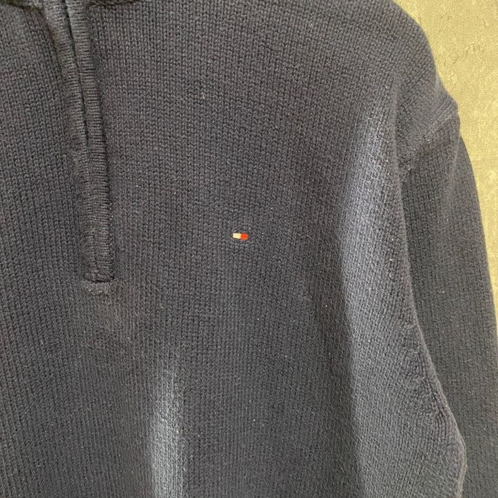 TOMMY HILFIGER トミーヒルフィガー　長袖ハーフジップニット　セーター　ロゴ刺繍　ネイビー　紺　Sサイズ　古着