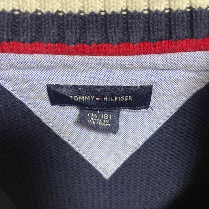 TOMMY HILFIGER トミーヒルフィガー　長袖ハーフジップニット　セーター　ロゴ刺繍　ネイビー　紺　Sサイズ　古着