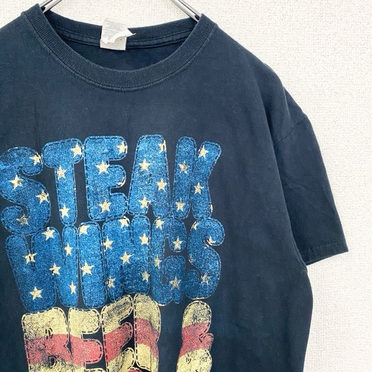 GILDAN　ギルダン　半袖英字プリントTシャツ　STEAK WINES　アメリカ　黒　ブラック　Mサイズ　古着