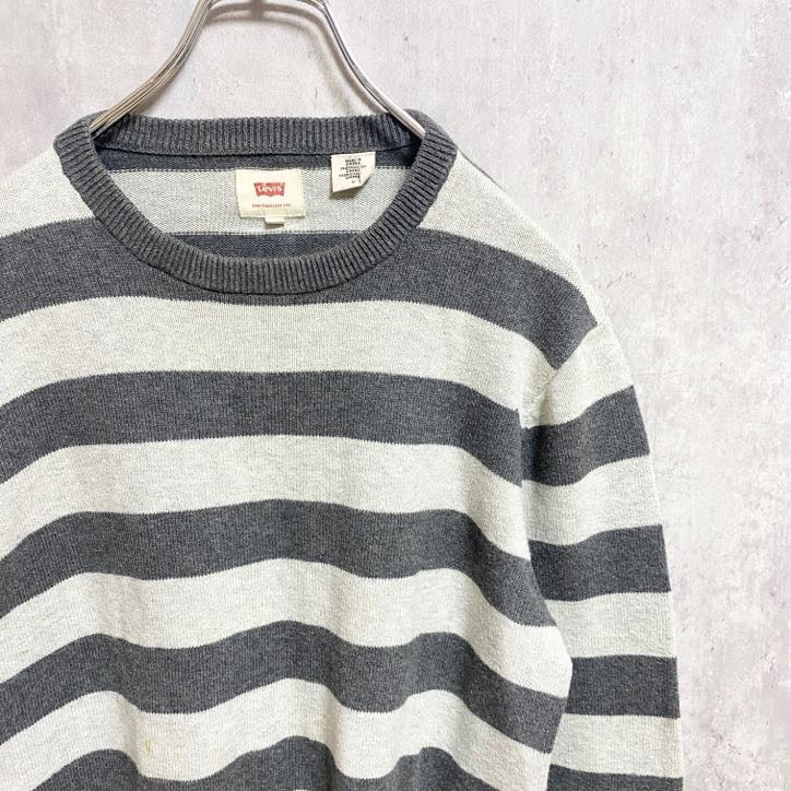 Levi's リーバイス　長袖ボーダーニット　セーター　ロゴタグ　クルーネック　グレー　灰色　ホワイト　Mサイズ　古着